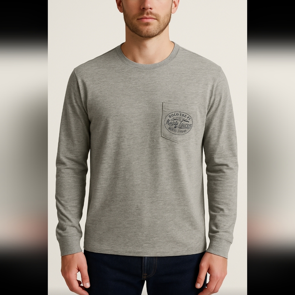 Polo Ralph Lauren Men’s Gray Long Sleeve Pullover Logo Pocket & Back Classic Fit